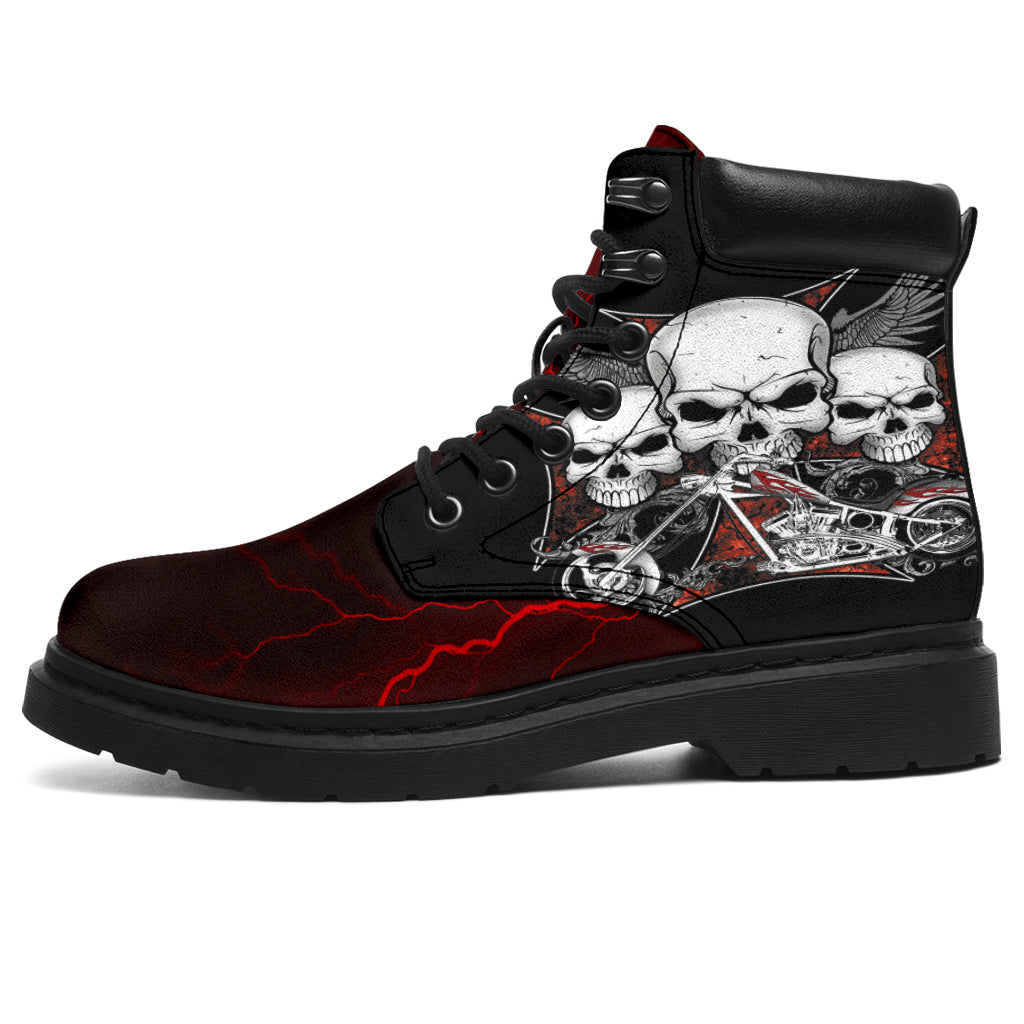 Biker Thunder Skull All-Season Boots featuring a double-sided red flaming skull and lightning graphic on water-resistant micro-suede with memory foam insoles and a durable steel shank rubber outsole.