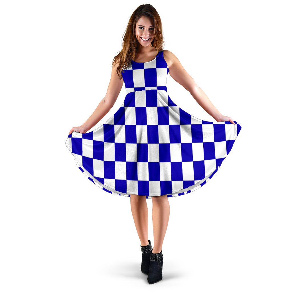 Blue Racing Checkered Flag Midi Dress featuring an elegant high neckline.