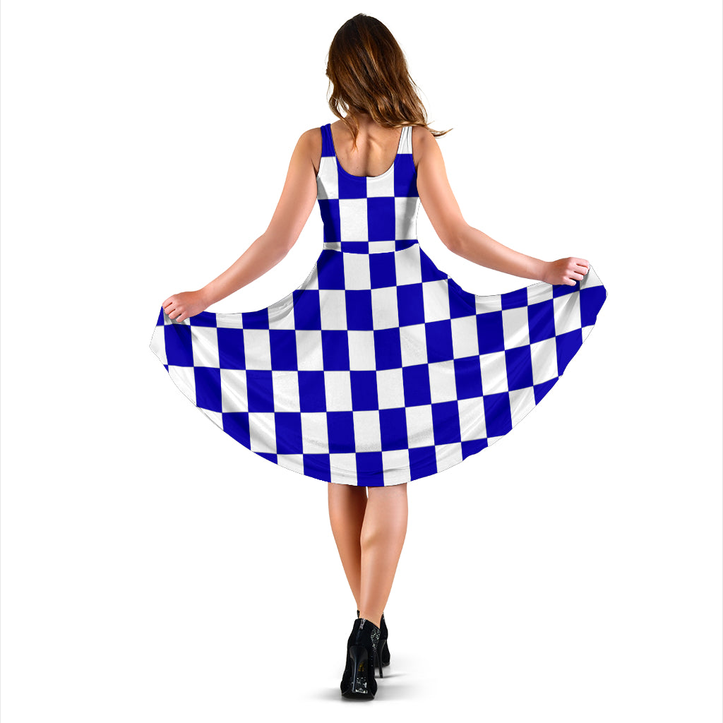 Blue Racing Checkered Flag Midi Dress featuring an elegant high neckline.