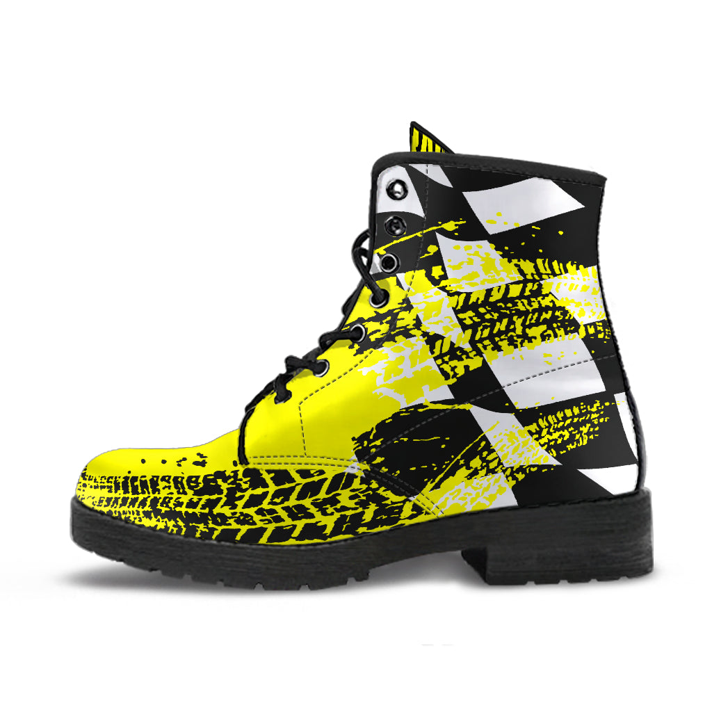 Bold Yellow Racing Girl Boots featuring a custom checkered print and a sleek lace-up design.
