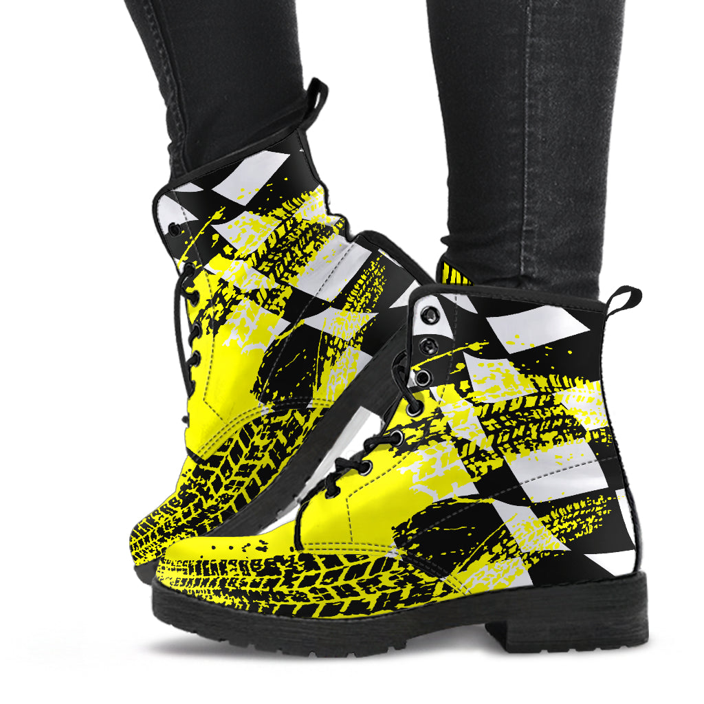 Bold Yellow Racing Girl Boots featuring a custom checkered print and a sleek lace-up design.