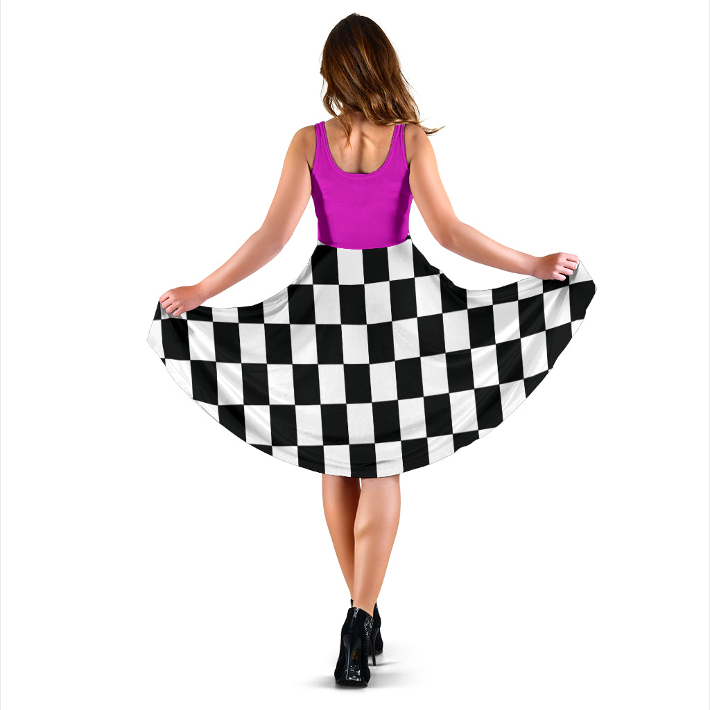 Bold mixed pink and black racing checkered flag dress, a feminine and stylish midi dress for racing moms and wives at the track.