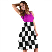 Bold mixed pink and black racing checkered flag dress, a feminine and stylish midi dress for racing moms and wives at the track.