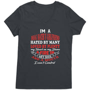 Bold racing t-shirt for women featuring the statement "I'm A Drag Racer's Girlfriend Hated By Many Loved By Plenty," available in v-necks, racerback tanks, and premium cotton tees.