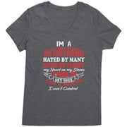 Bold racing t-shirt for women featuring the statement "I'm A Drag Racer's Girlfriend Hated By Many Loved By Plenty," available in v-necks, racerback tanks, and premium cotton tees.