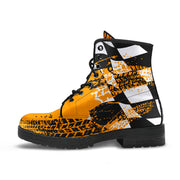 Bright Orange Racing Girl Boots with a custom racing-themed print and durable rubber outsole.