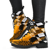 Bright Orange Racing Girl Boots with a custom racing-themed print and durable rubber outsole.