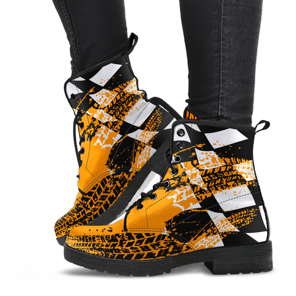 Bright Orange Racing Girl Boots with a custom racing-themed print and durable rubber outsole.