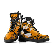 Bright Orange Racing Girl Boots with a custom racing-themed print and durable rubber outsole.