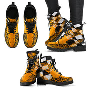 Bright Orange Racing Girl Boots with a custom racing-themed print and durable rubber outsole.