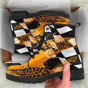 Bright Orange Racing Girl Boots with a custom racing-themed print and durable rubber outsole.