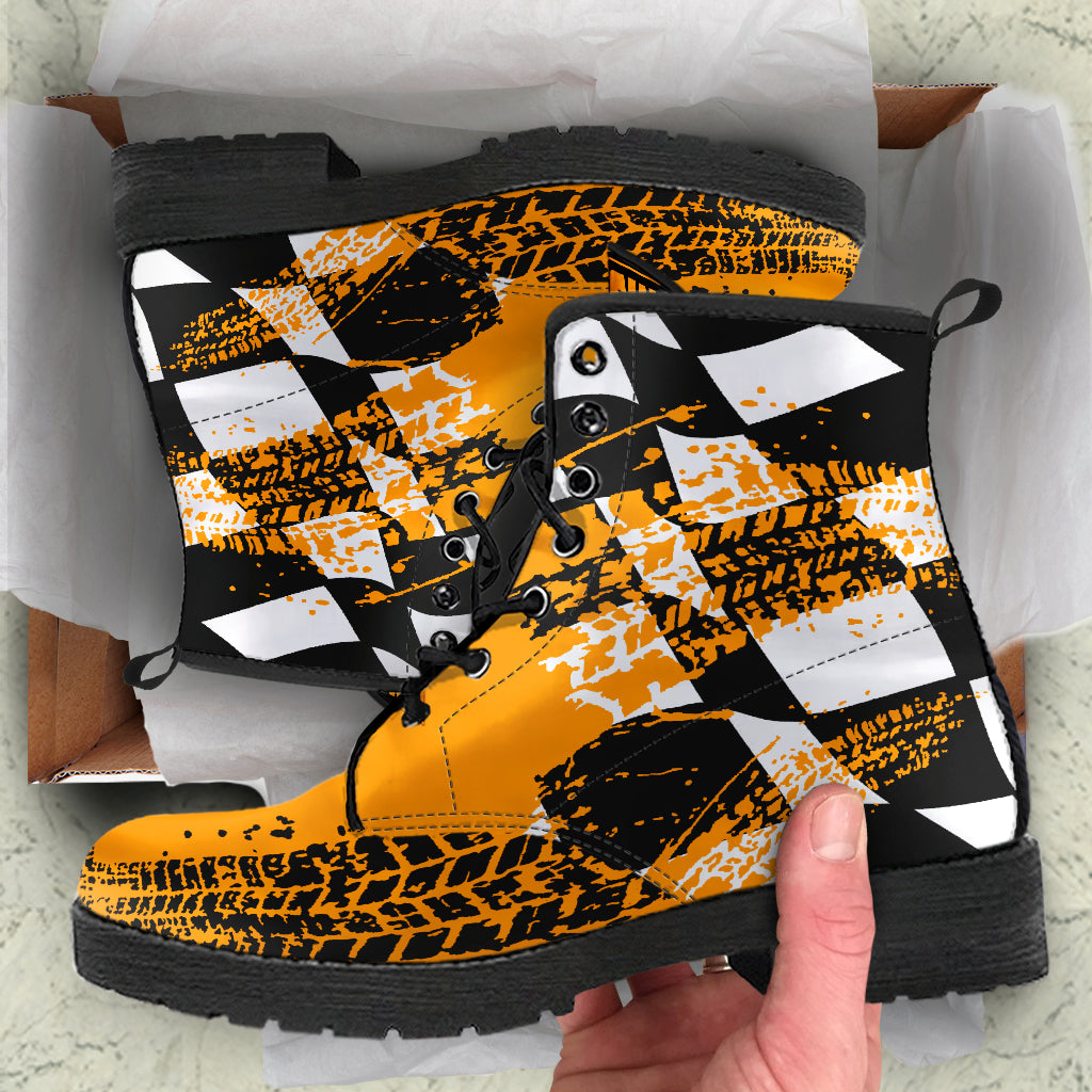 Bright Orange Racing Girl Boots with a custom racing-themed print and durable rubber outsole.
