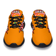 Bright orange drag racing sneakers with high-traction EVA outsoles.