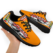 Bright orange drag racing sneakers with high-traction EVA outsoles.