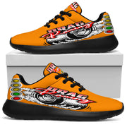 Bright orange drag racing sneakers with high-traction EVA outsoles.