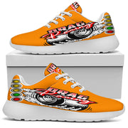 Bright orange drag racing sneakers with high-traction EVA outsoles.