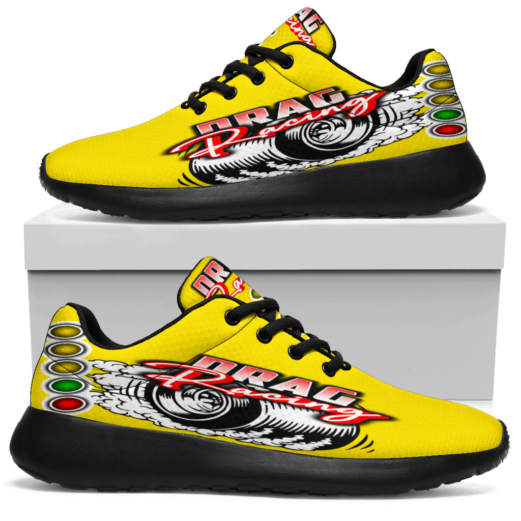 Bright yellow drag racing sneakers with breathable mesh and traction outsoles.