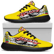 Bright yellow drag racing sneakers with breathable mesh and traction outsoles.