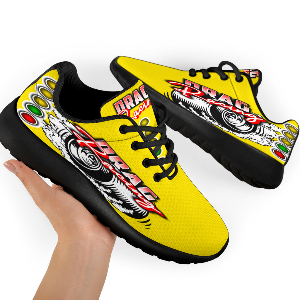 Bright yellow drag racing sneakers with breathable mesh and traction outsoles.