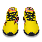 Bright yellow drag racing sneakers with breathable mesh and traction outsoles.