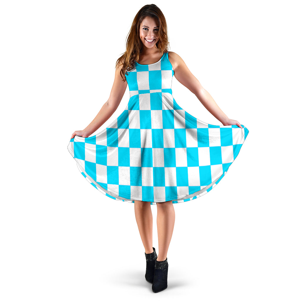 Carolina Blue Racing Checkered Flag Dress in a premium soft polyester.