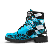 Carolina Blue Racing Girl Boots featuring a custom white and blue racing design.