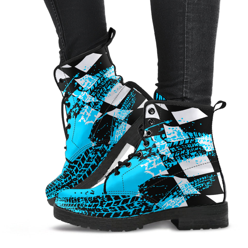 Carolina Blue Racing Girl Boots featuring a custom white and blue racing design.