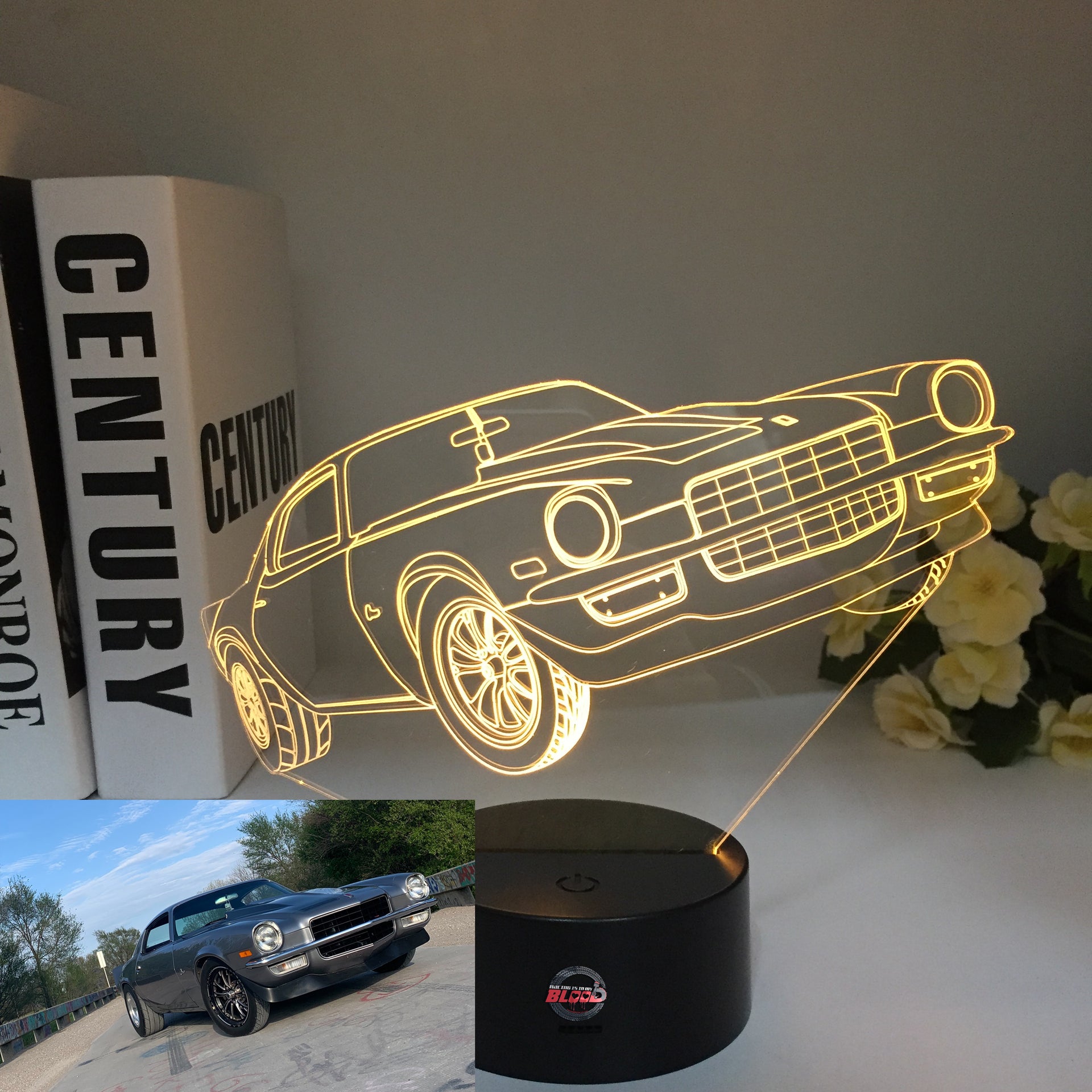 Chevy Camaro 3D LED Illusion Lamp featuring a laser-etched muscle car silhouette glowing in bright red on a premium black base.