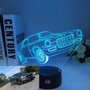 Chevy Camaro 3D LED Illusion Lamp featuring a laser-etched muscle car silhouette glowing in bright red on a premium black base.