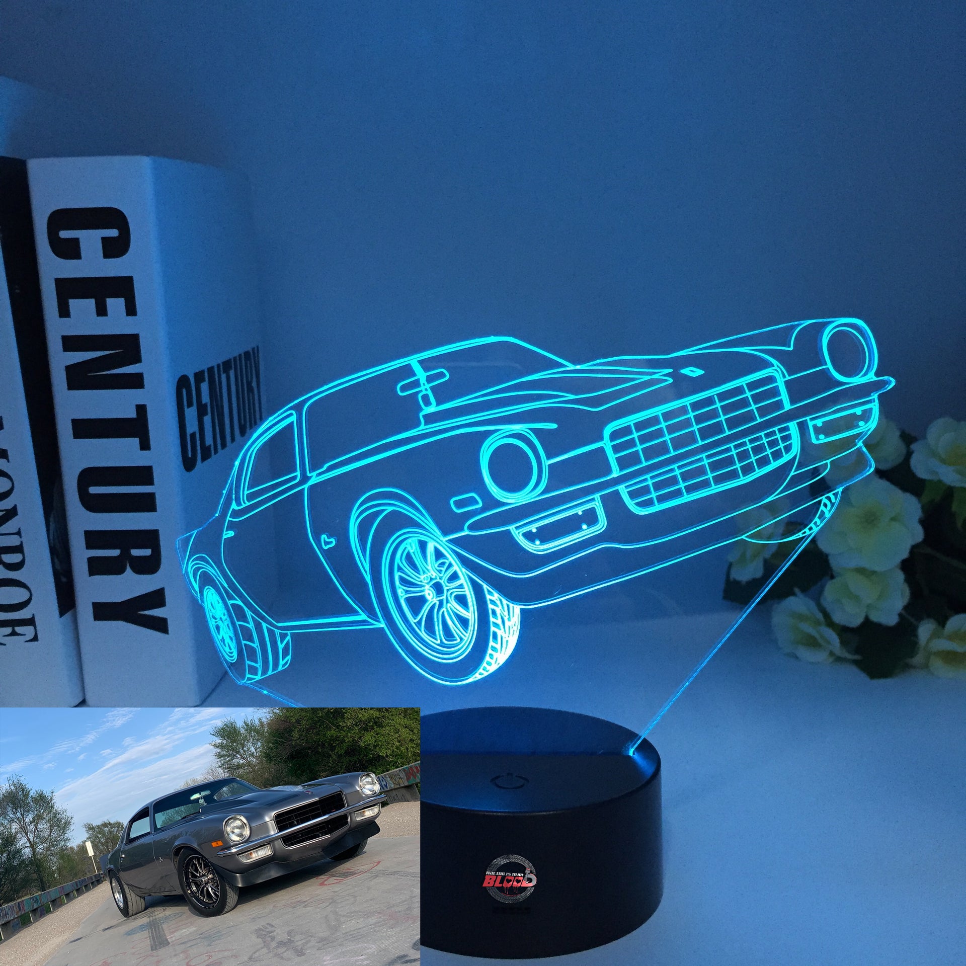 Chevy Camaro 3D LED Illusion Lamp featuring a laser-etched muscle car silhouette glowing in bright red on a premium black base.