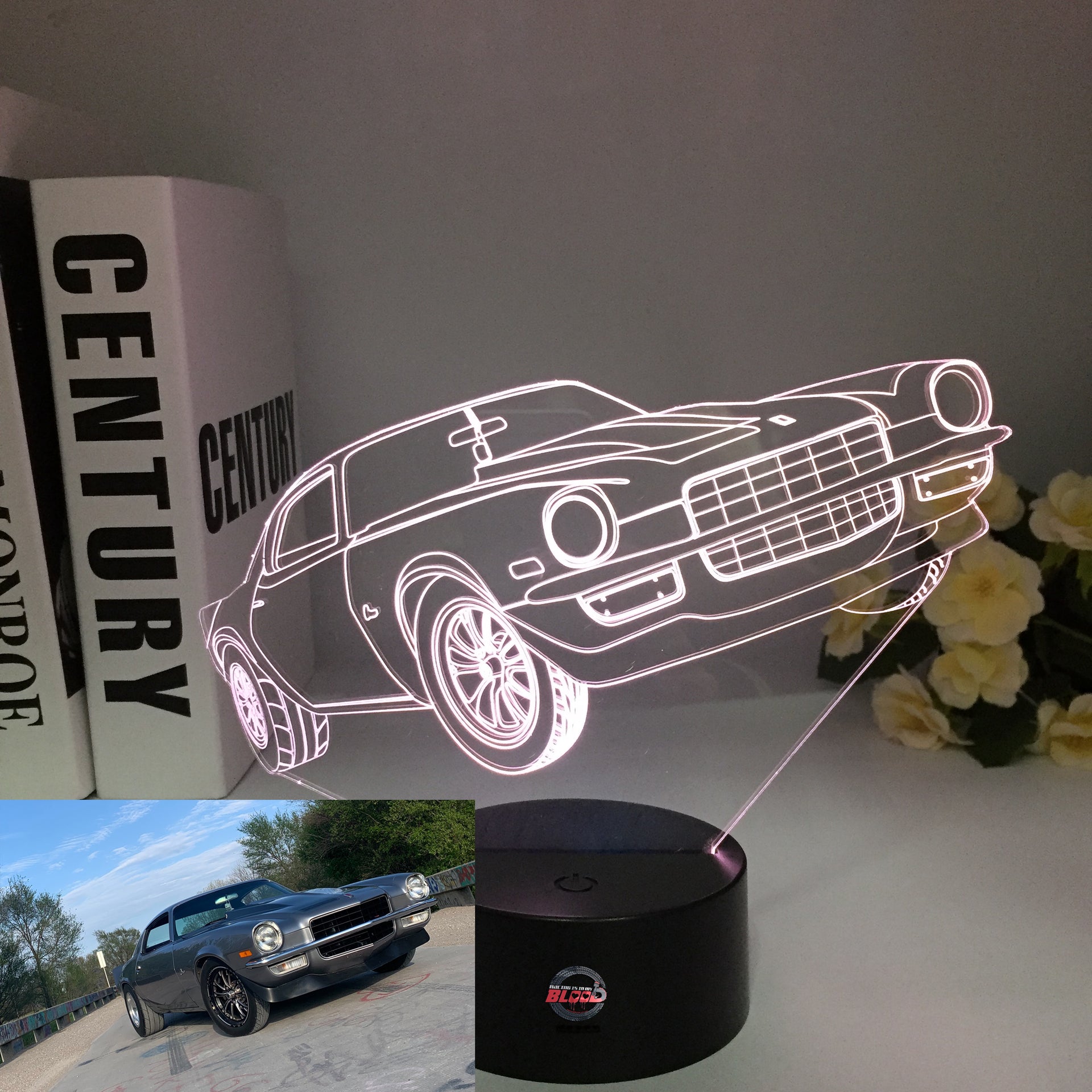 Chevy Camaro 3D LED Illusion Lamp featuring a laser-etched muscle car silhouette glowing in bright red on a premium black base.
