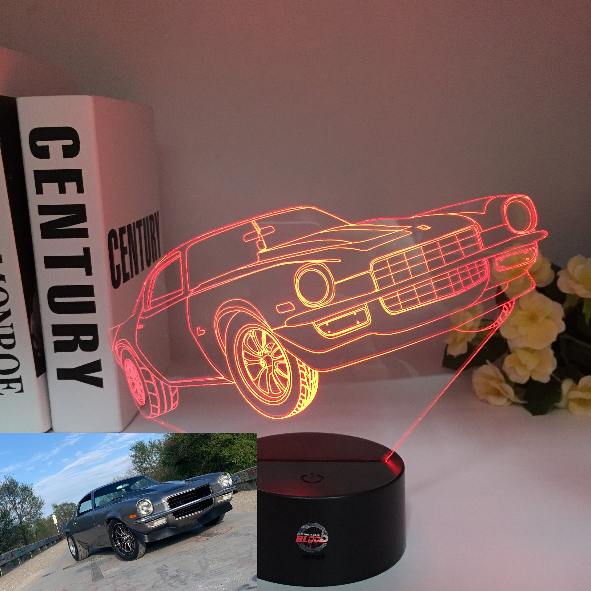 Chevy Camaro 3D LED Illusion Lamp featuring a laser-etched muscle car silhouette glowing in bright red on a premium black base.