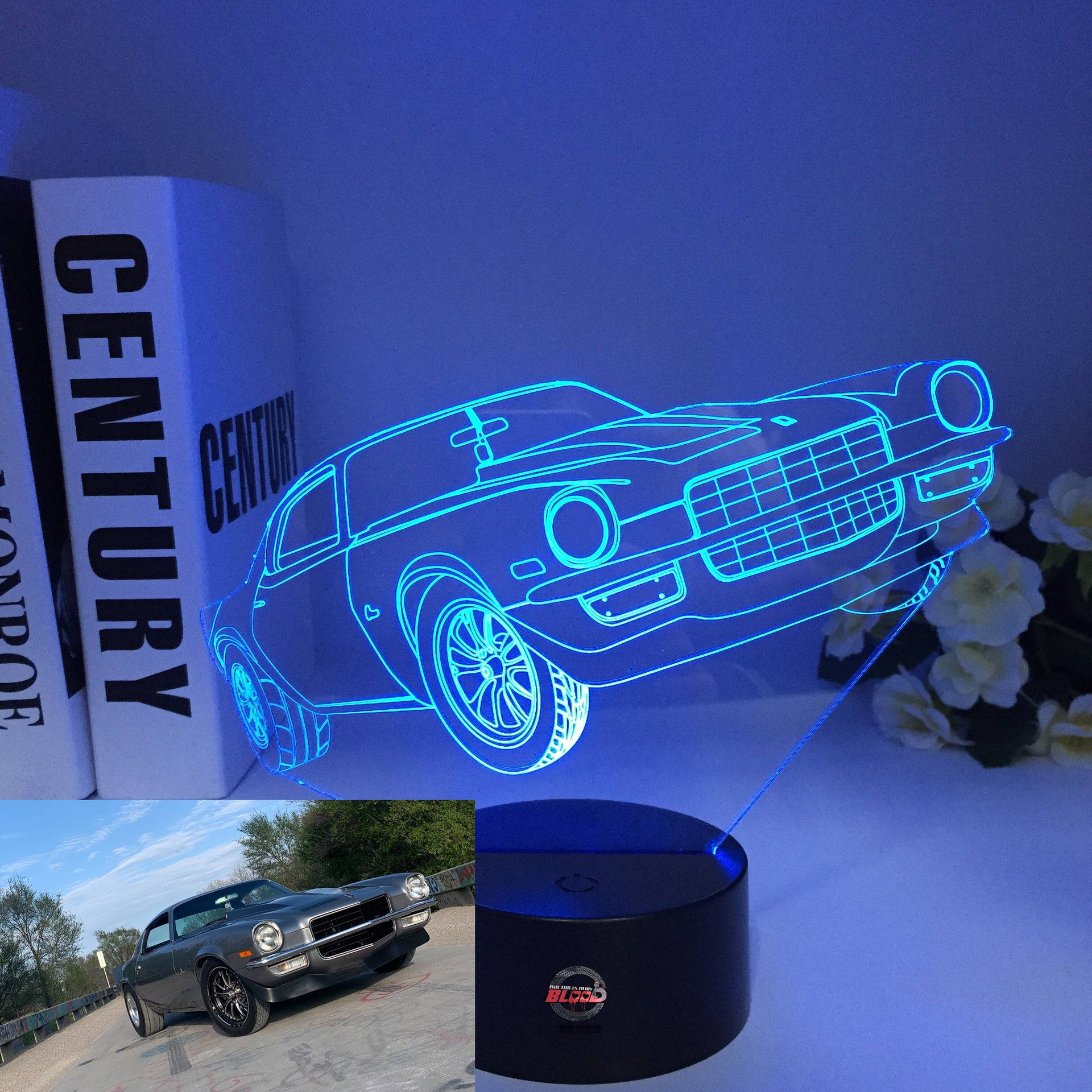Chevy Camaro 3D LED Illusion Lamp featuring a laser-etched muscle car silhouette glowing in bright red on a premium black base.