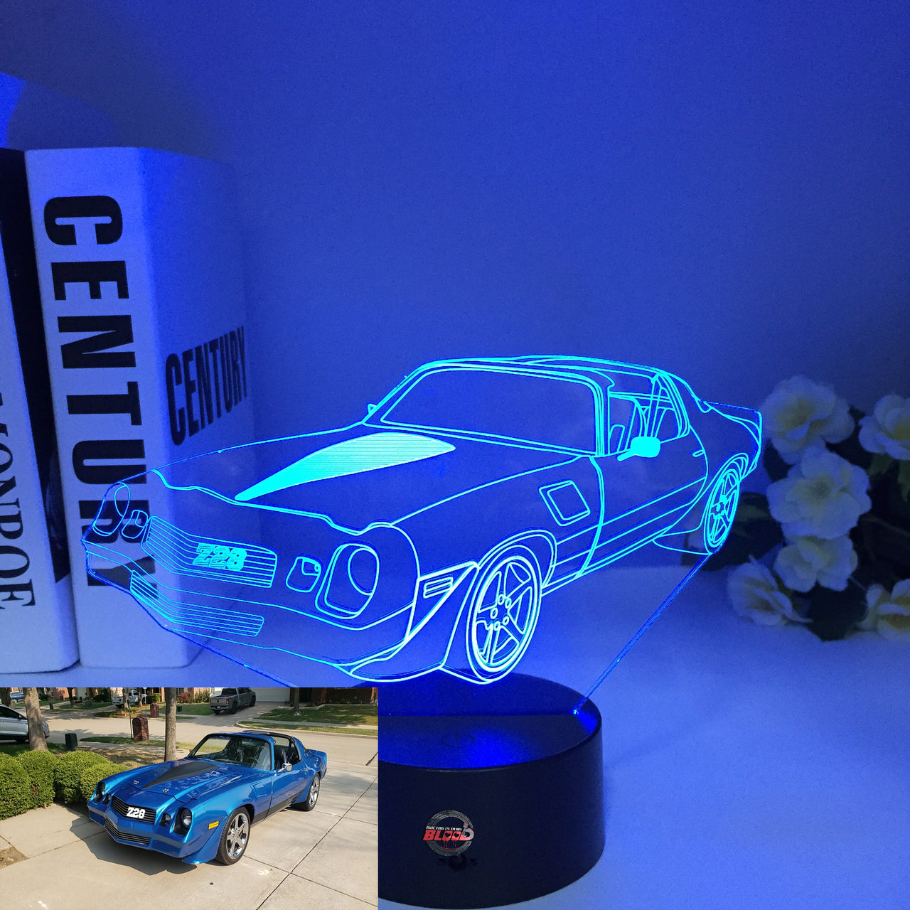 Chevy Camaro Z28 3D LED Illusion Lamp showing the aggressive track-ready silhouette in a vibrant white glow on a premium black base.