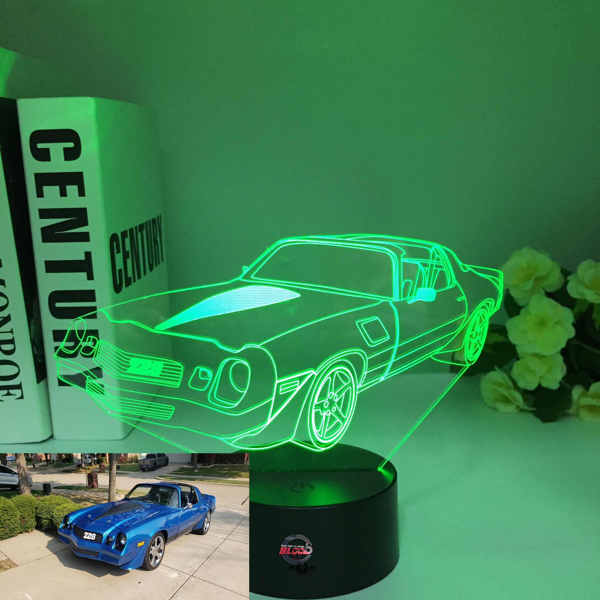 Chevy Camaro Z28 3D LED Illusion Lamp showing the aggressive track-ready silhouette in a vibrant white glow on a premium black base.