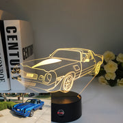 Chevy Camaro Z28 3D LED Illusion Lamp showing the aggressive track-ready silhouette in a vibrant white glow on a premium black base.