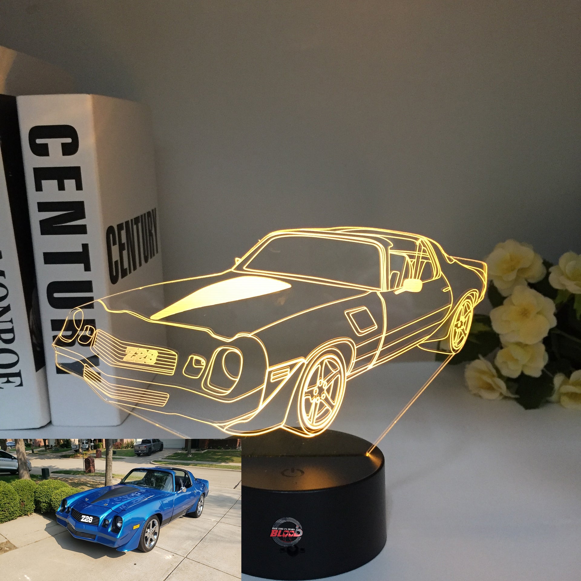 Chevy Camaro Z28 3D LED Illusion Lamp showing the aggressive track-ready silhouette in a vibrant white glow on a premium black base.