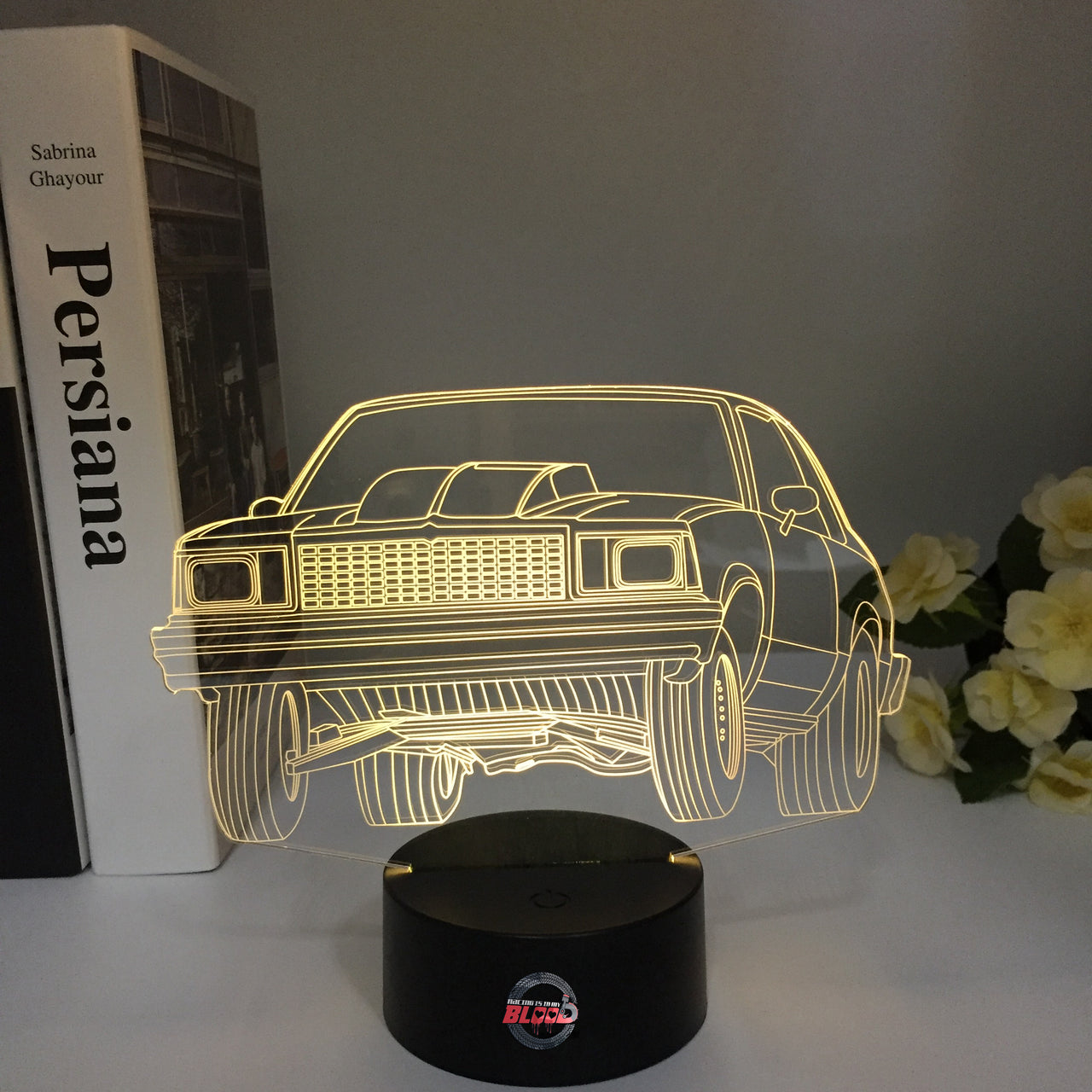 Chevy SS Drag Racing 3D LED Illusion Lamp showing the modern muscle sedan silhouette in a vibrant white glow on a premium black base.
