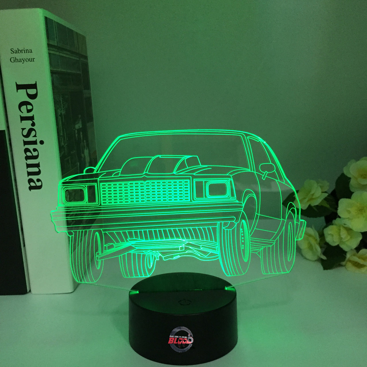 Chevy SS Drag Racing 3D LED Illusion Lamp showing the modern muscle sedan silhouette in a vibrant white glow on a premium black base.