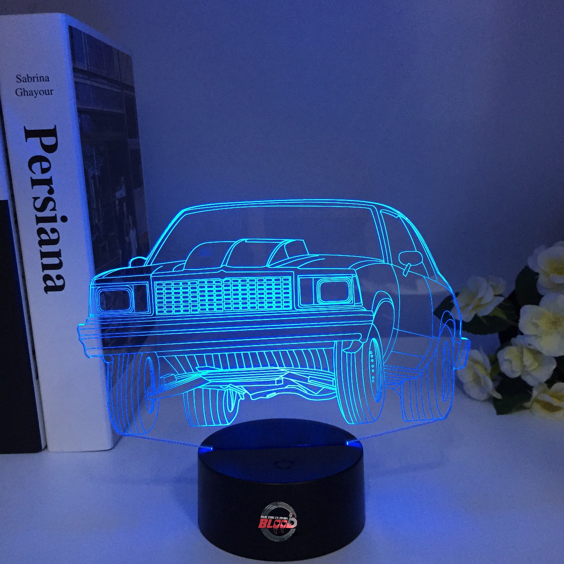 Chevy SS Drag Racing 3D LED Illusion Lamp showing the modern muscle sedan silhouette in a vibrant white glow on a premium black base.