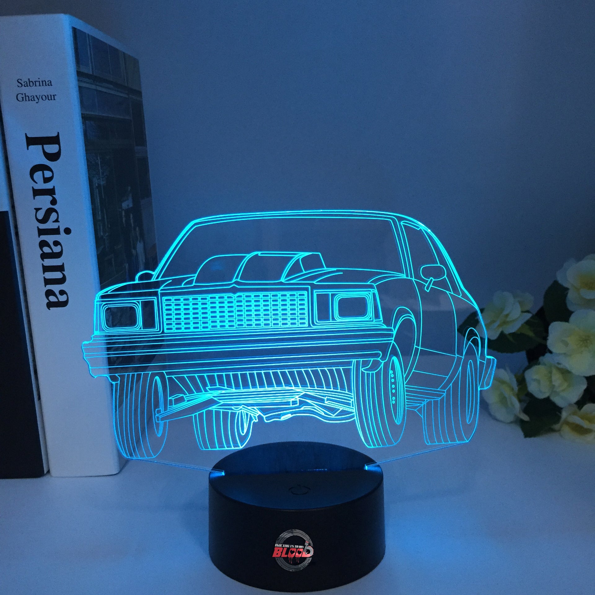 Chevy SS Drag Racing 3D LED Illusion Lamp showing the modern muscle sedan silhouette in a vibrant white glow on a premium black base.
