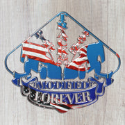 Close-up of the Dirt Modified Forever USA metal sign with twin race cars, American flag details and crossed checkered flags.