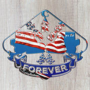 Close-up of the Dwarf Car Racing Forever USA metal sign with twin cars, American flag artwork and crossed checkered flags.