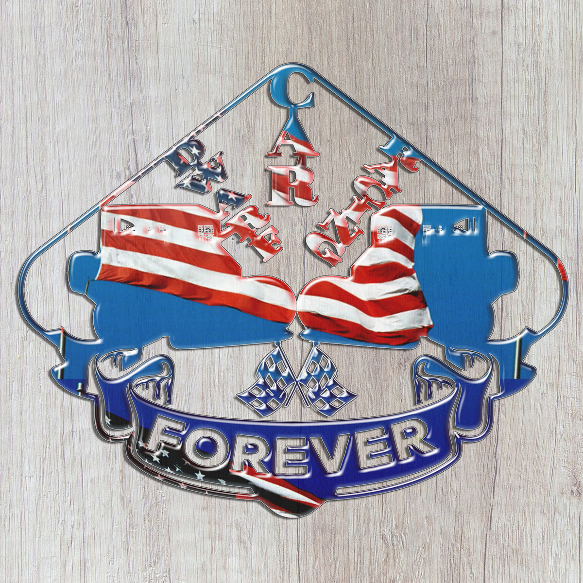 Close-up of the Dwarf Car Racing Forever USA metal sign with twin cars, American flag artwork and crossed checkered flags.