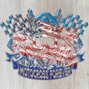 Close-up of the Motocross Forever USA metal sign with helmet, goggles, checkered flags and patriotic artwork.