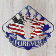 Close-up of the Sprint Car Racing Forever USA metal sign with mirrored winged cars and American flag artwork.