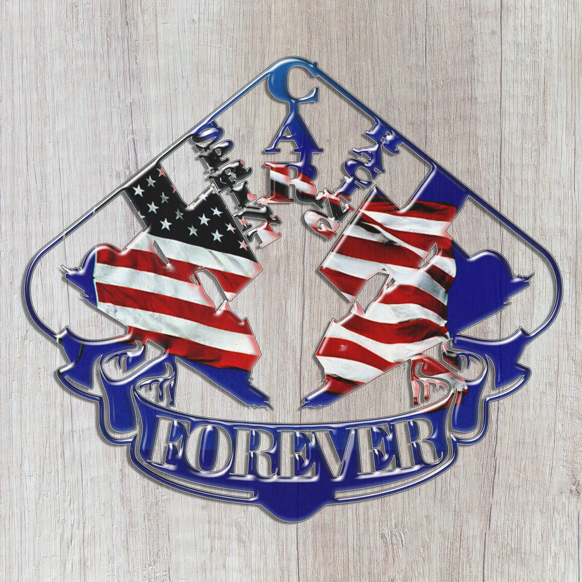 Close-up of the Sprint Car Racing Forever USA metal sign with mirrored winged cars and American flag artwork.