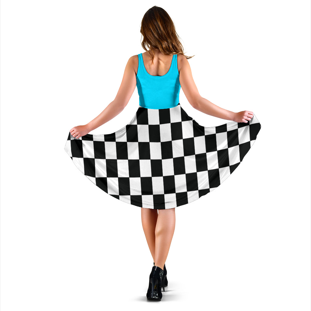 Crisp Carolina blue and black checkered flag midi dress, a chic motorsports-inspired dress with hidden pockets for race fans.