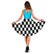 Crisp Carolina blue and black checkered flag midi dress, a chic motorsports-inspired dress with hidden pockets for race fans.