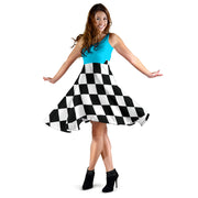 Crisp Carolina blue and black checkered flag midi dress, a chic motorsports-inspired dress with hidden pockets for race fans.